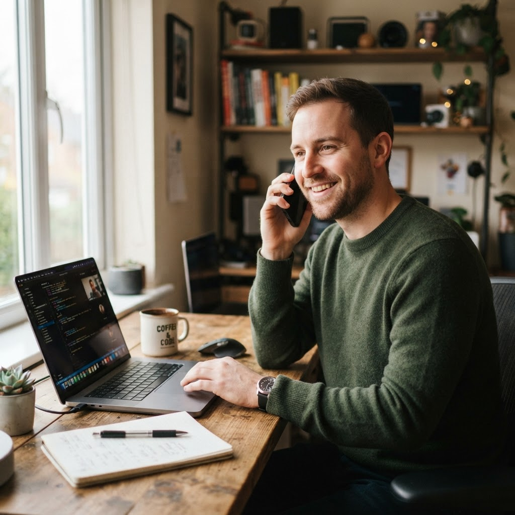 The founder working at his desk while prospecting local businesses